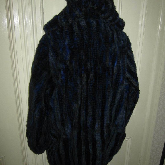 OOAK blue & black rabbit fur jacket with hood